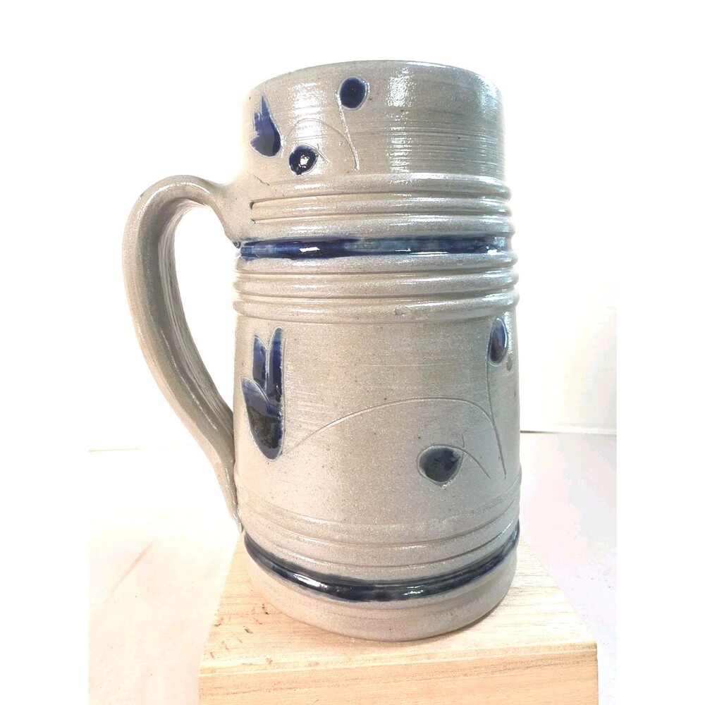 Williamburg Pottery Handmade Cobalt Salt Glaze Stoneware Mug Gray & Blue Tulip